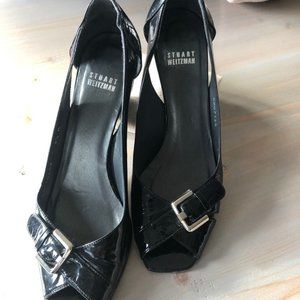 Stuart Weitzman Black Patent Peep Toe Wedge